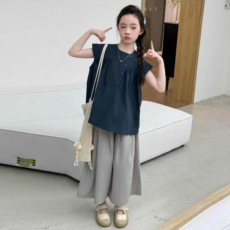 女童夏装娃娃衫套装2026新款女大童夏季棉布短袖阔腿裤韩系两件套
