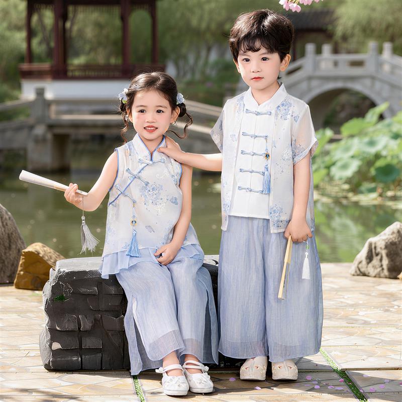 汉服男童夏装短袖套装国风女童唐装演出服儿童中式礼服宝宝表演服
