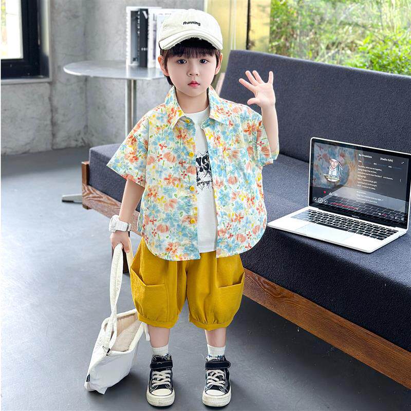 夏装男童碎花衬衫套装沙滩风2026新款儿童短袖衬衫短裤两件套时髦