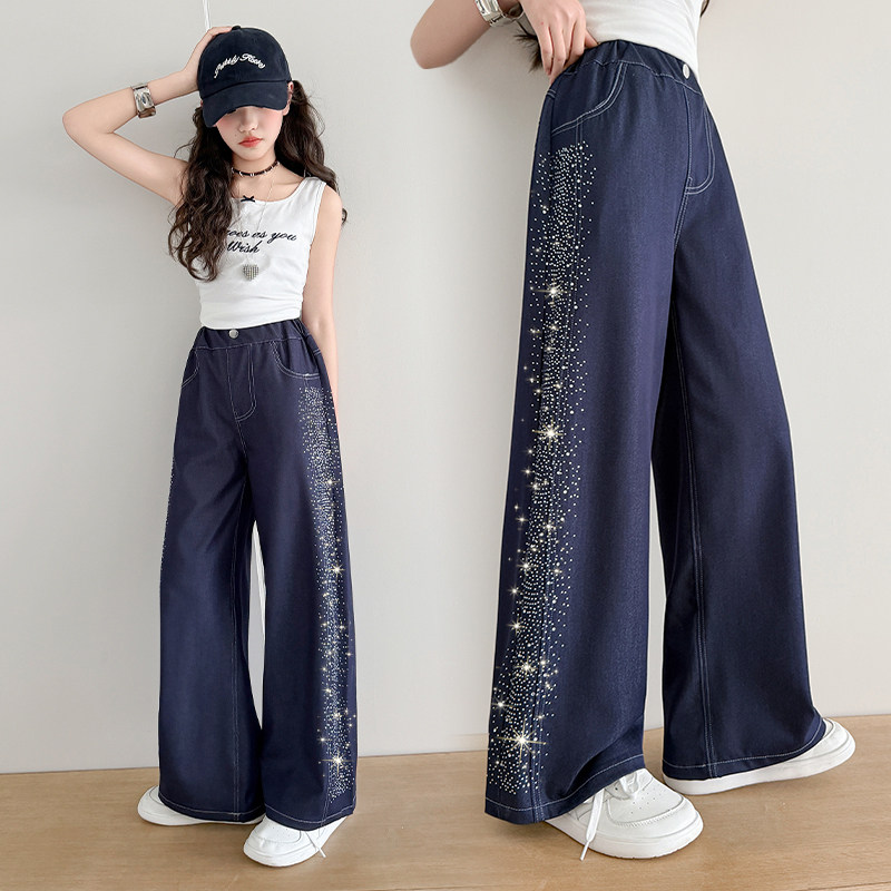 女童牛仔裤夏季薄款休闲女孩大童烫钻夏装天丝阔腿裤夏天儿童裤子