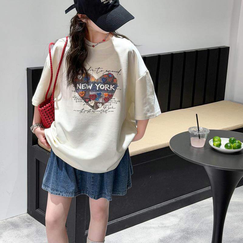 女孩夏季潮酷爱心短袖T恤2026年9新款11岁女童13休闲版型14棉上衣
