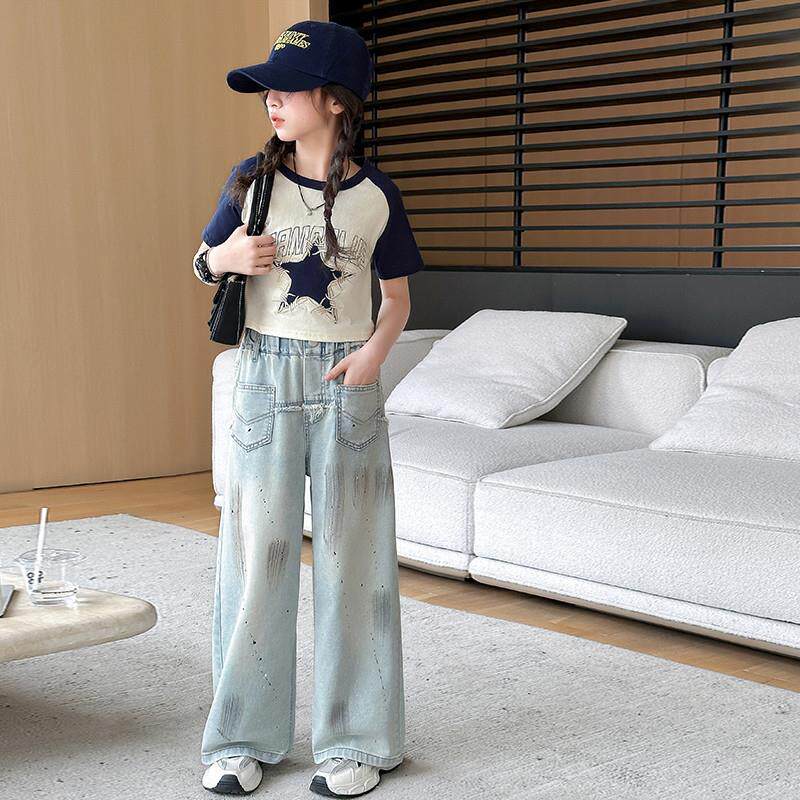 女童夏装短袖套装2026新款洋气女大童夏季T恤儿童薄款牛仔阔腿裤