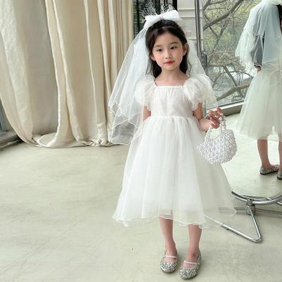 女小童夏季新款六一白色礼服裙头纱演出公主裙幼儿园时尚婚纱长裙