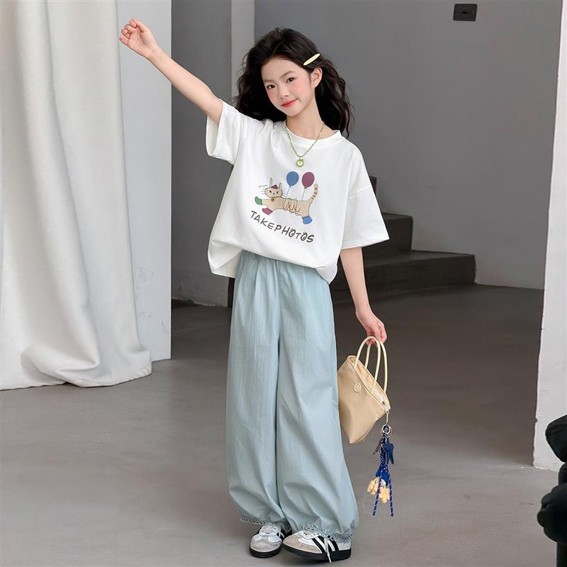女童夏季卡通T恤套装2026新款女大童夏装休闲短袖T恤儿童花苞裤子