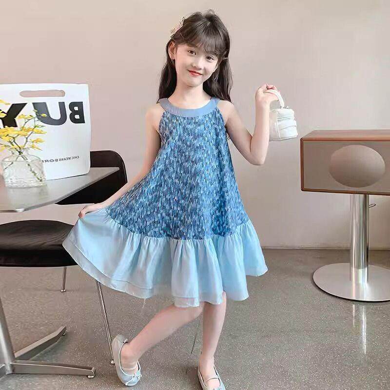 女童无袖连衣裙夏季洋气儿童挂脖公主裙小女孩海边度假沙滩吊带裙