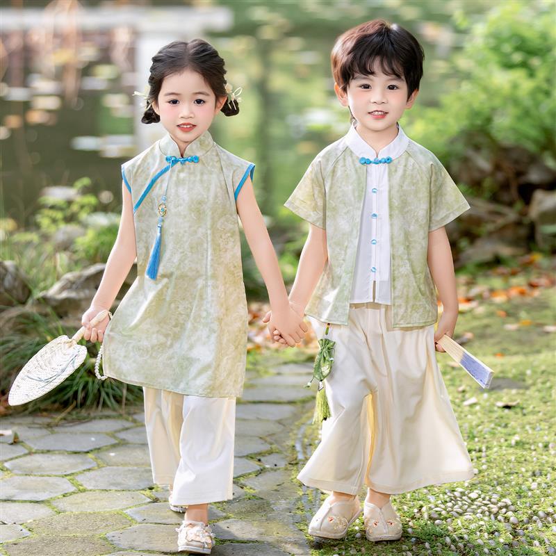 儿童夏款短袖汉服套装男女童唐装两件套宝宝新中式国风表演服夏装