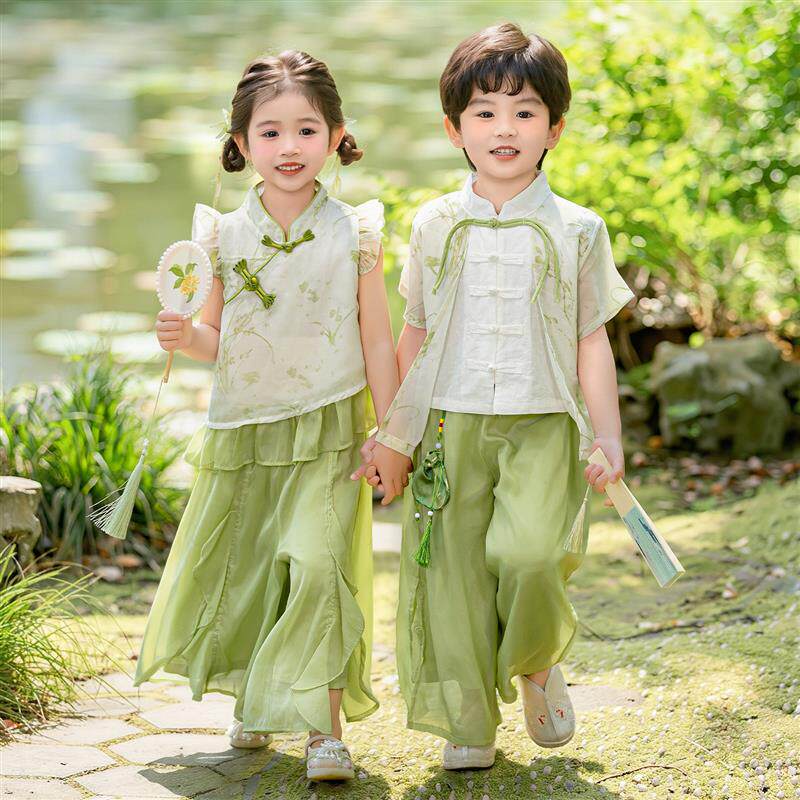 儿童汉服六一国风演出服男女童绿色唐装朗诵服幼儿园古典舞蹈演出