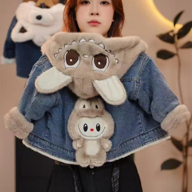 儿童外套秋冬加绒2025新款宝宝卡通牛仔棉衣加厚洋气兔子帽儿童装