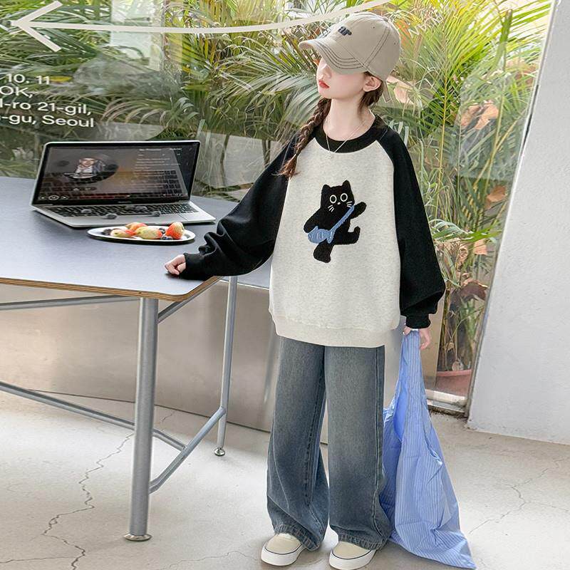 女童春装卫衣套装2025新款女大童洋气秋冬季加绒牛仔裤儿童两件套