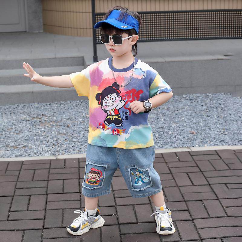 哪吒童装衣服男童牛仔套装夏季2026新款痞帅时髦儿童短袖T恤夏装