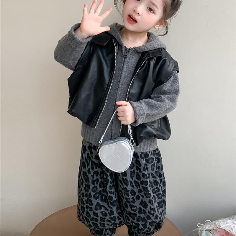 女童巨好看套装秋装2025新款儿童秋季豹纹皮衣女宝宝早秋洋气穿搭