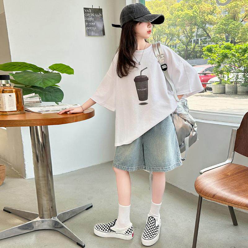 女童夏季短袖套装2026新款女大童夏装休闲T恤儿童牛仔短裤两件套