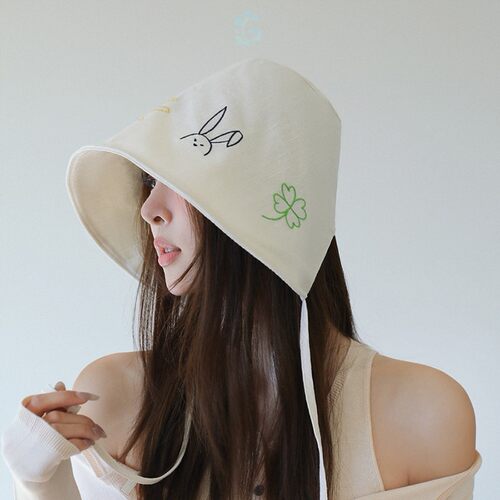日系可爱刺绣渔夫帽女夏季薄款大帽檐遮阳防晒帽子百搭显脸小盆帽