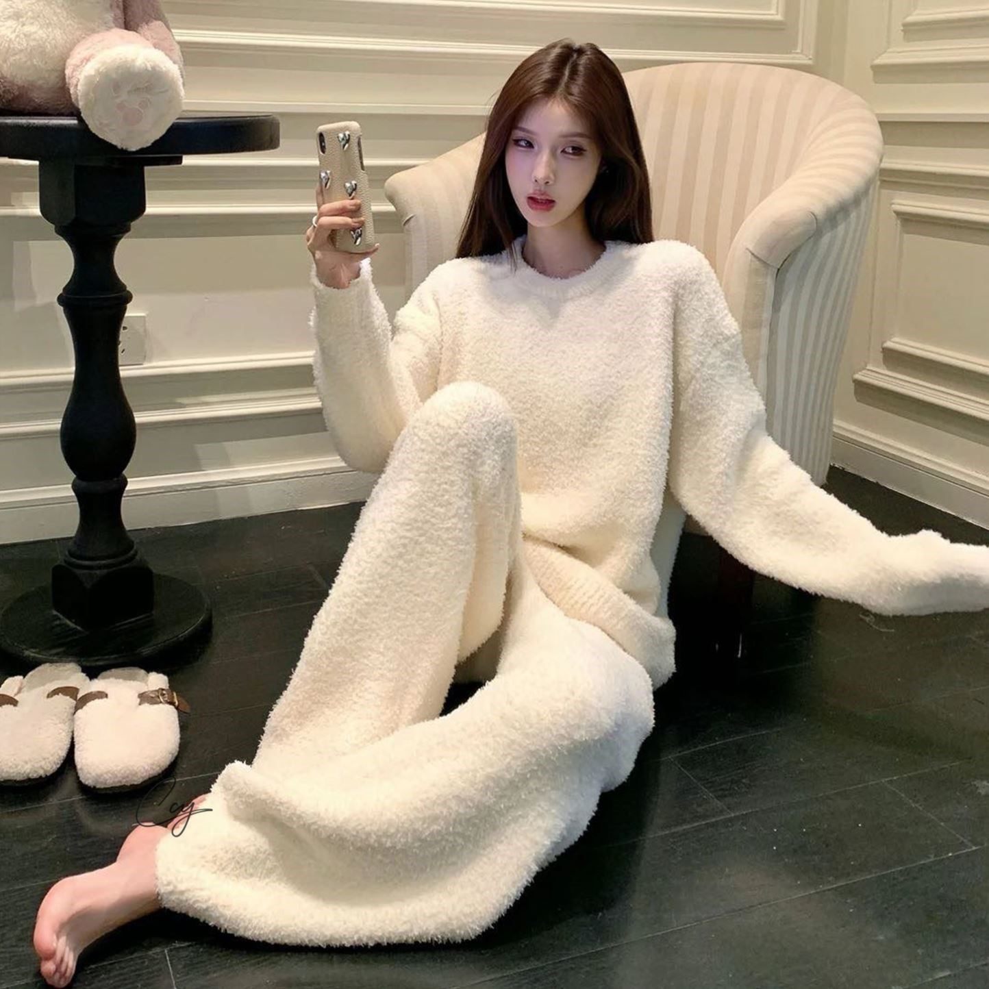 半边绒睡衣女秋冬季新款纯色甜美高级感长袖加厚保暖珊瑚绒家居服