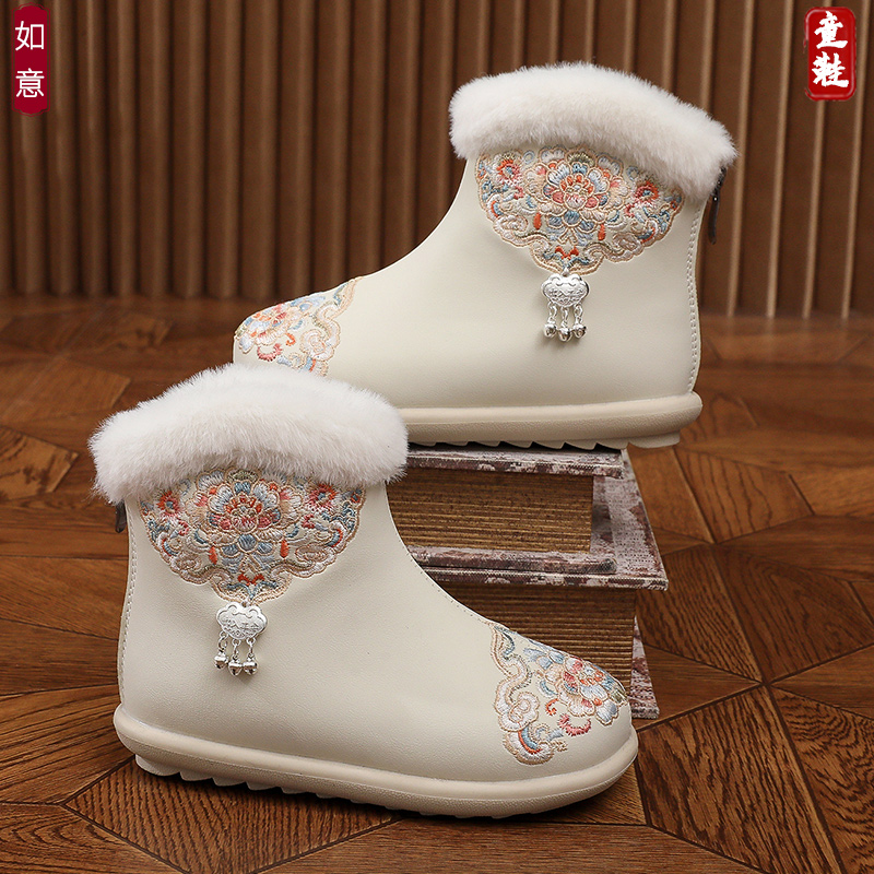 女童冬季皮面短靴宝宝新年汉服鞋