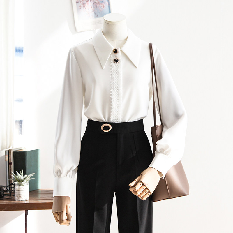 人彩衣村职业正装气质白色衬衫女设计感小众垂感长袖衬衣雪纺上衣