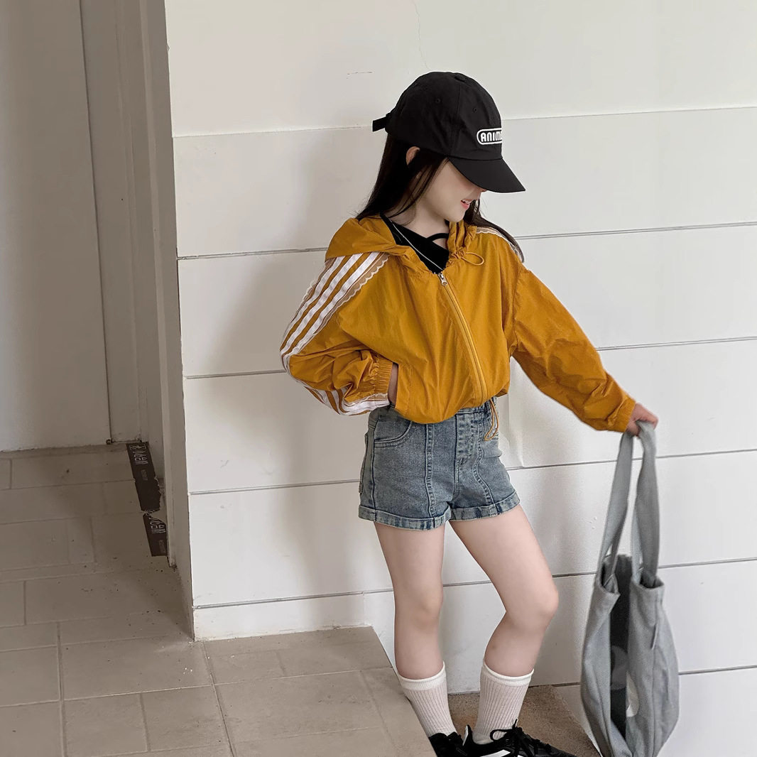 不退换 女童夏季新款防晒衣 儿童织带拼接连帽拉链防晒短外套