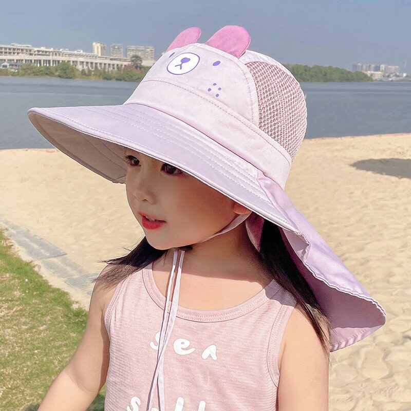 夏季儿童遮阳帽女帽子薄款卡通网眼男渔夫帽护颈防晒防紫外线大檐