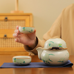 汝窑葫芦旅行茶具套装 户外泡茶手抓壶功夫茶具 陶瓷式 快客杯