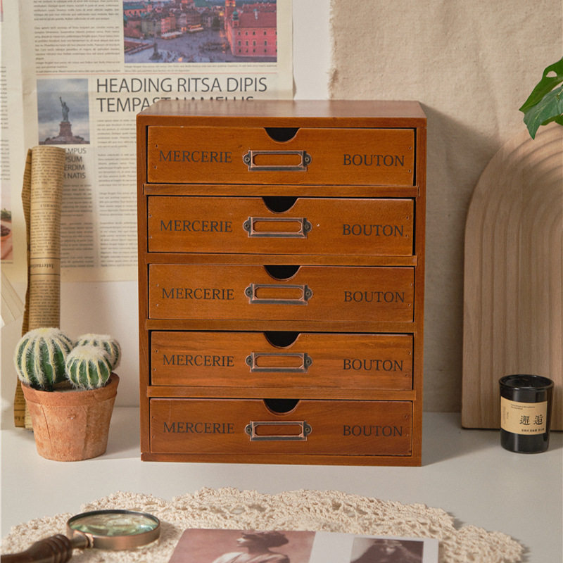 木质五层抽屉收纳柜宿舍办公室桌面复古收纳盒小型台面收纳整理柜