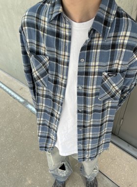 FIRST LINE2023原创秋毛边长袖蓝色格纹宽松衬衫男女美式复古休闲