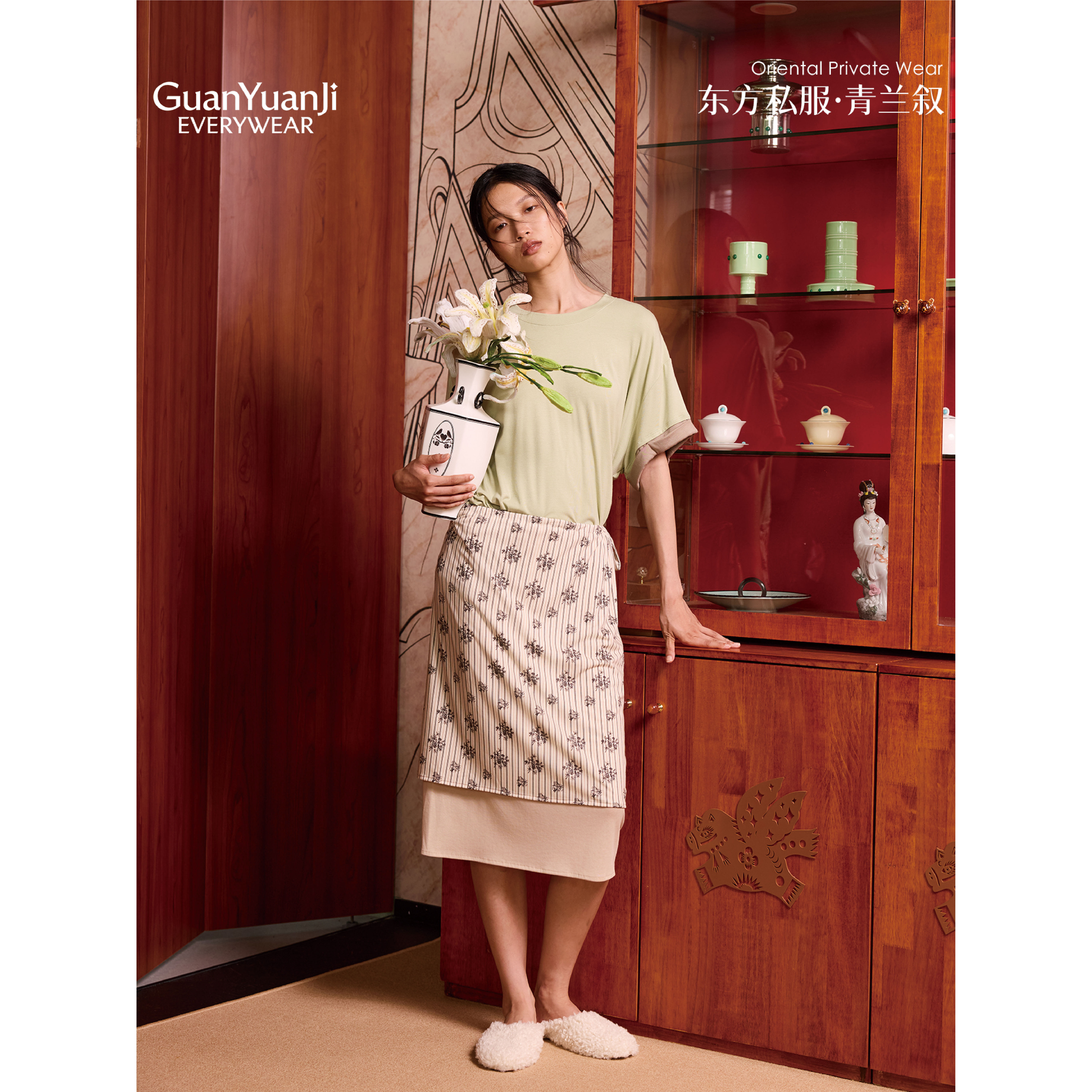 观园吉【青云叙】夏“呼吸T”凉感裸感衣|莱赛尔针织拼色半裙条纹
