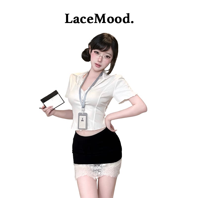LaceMood：性感秘书制服套装深V蕾丝包臀裙纯欲风情趣qqny内衣
