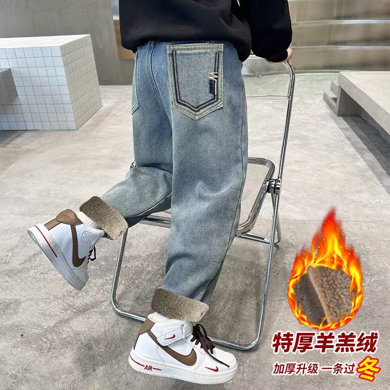 男童加绒裤子一体绒牛仔