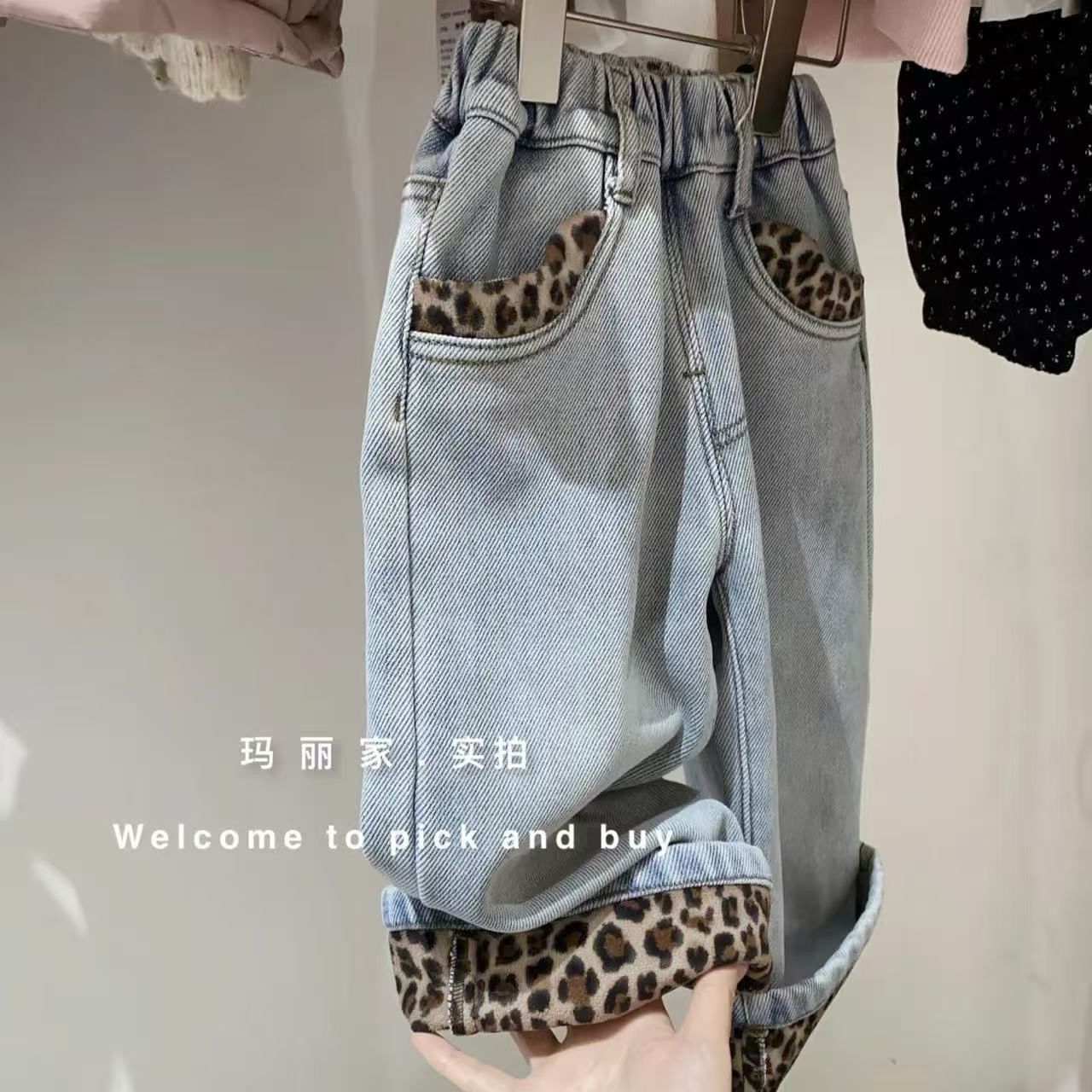 女童豹纹牛仔裤加绒冬季