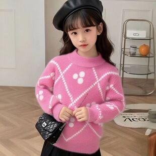 红色菱格毛衣女童秋冬款绒毛保暖儿童毛衣套头针织衫