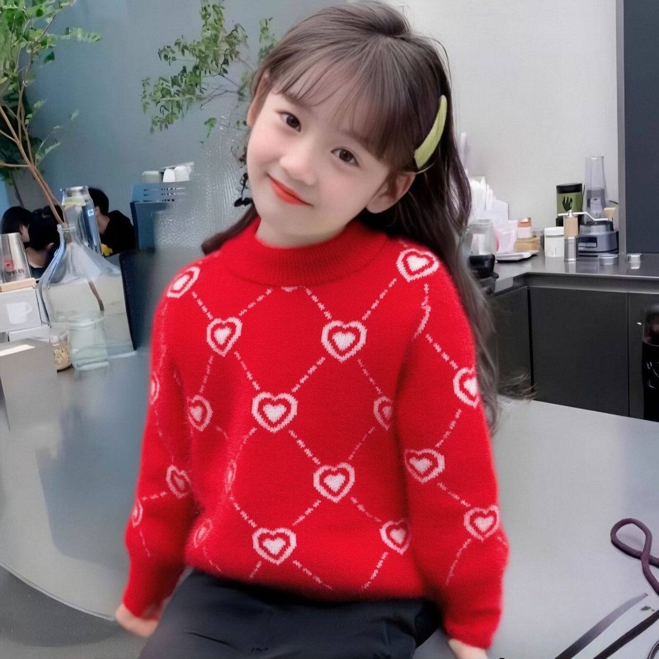 红色爱心图案儿童毛衣女