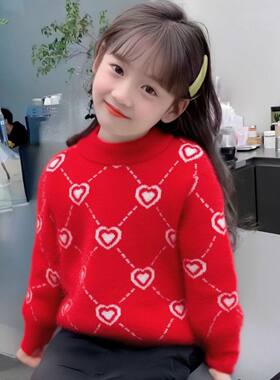 红色爱心图案儿童毛衣女