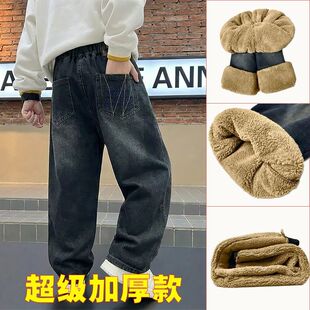 儿童加厚牛仔裤秋冬保暖款复合一体绒弹力裤子男孩长裤儿童加绒裤