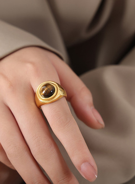 法式个性ins冷淡风优雅轻奢小众镶嵌松石猫眼石设计钛钢镀金戒指