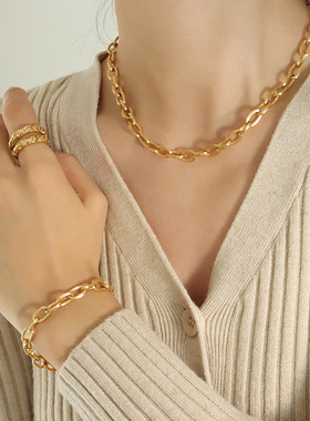 拉丝款粗链百搭叠戴项链个性潮流手链钛钢镀金简约小众首饰套装
