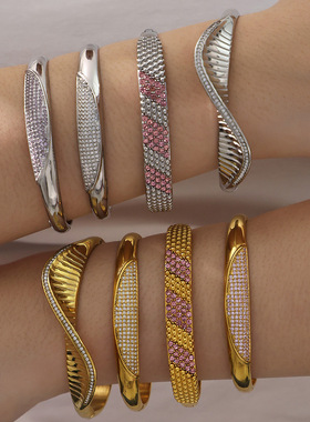 不锈钢镀金镶捷克钻卡扣手镯欧美