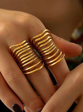 欧美时尚通勤镂空多层线条戒指复古夸张钛钢镀金骨关节食首饰指戒