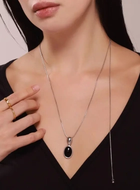 椭圆虎眼石长款项链钛钢PVD电镀18K金时尚百搭锁高端饰品骨链潮女