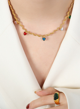 欧美几何型彩色桃心锆石吊坠项链跨境新款时尚潮流个性设计锁骨链