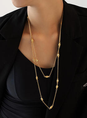 欧美金色双层夹珠毛衣链大气高档轻奢感钛钢叠戴长款秋冬高端项链