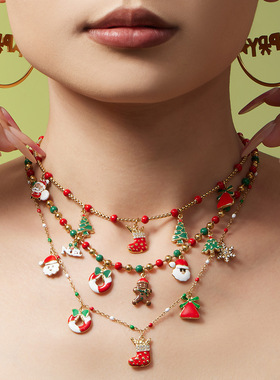 滴油彩色米珠项链圣诞老人铃铛雪