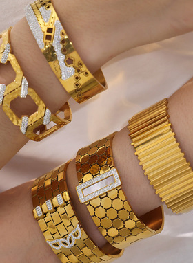 不锈钢个性蜂巢纹宽面镶锆石手镯