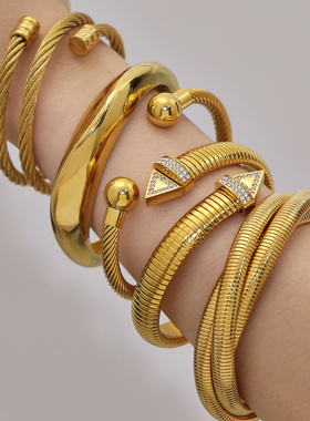 不锈钢微镶5A锆石弹力手环镀18k