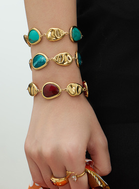 镶嵌彩色树脂材质手链女不锈钢镀