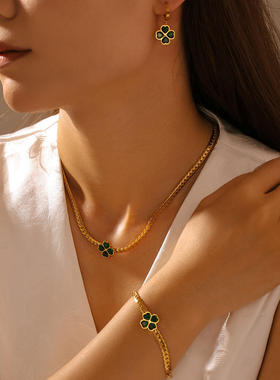 跨境四叶花爱心玻璃石套装2024新款欧美钛钢耳环项链手链三件套女