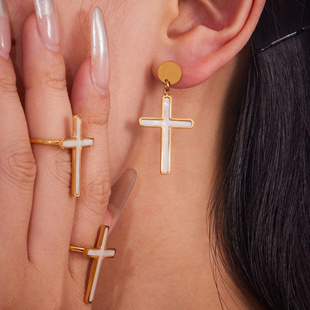 欧美跨境时尚十字架白贝耳坠耳钉钛钢镀18K金开口戒指饰品套装女