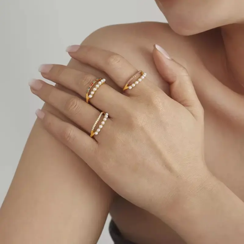 珍珠双层侧开口镶彩色锆石排钻戒指女钛钢镀金高端个性配饰手饰