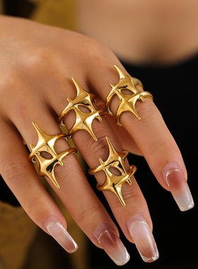 跨境欧美十字芒星戒指个性冷淡风钛钢镀18k真金潮流男女款食指戒