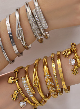 不锈钢镀18K金几何形镶锆石系列