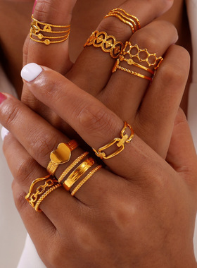 复古镂空拼接设计食指戒钛钢四叶草开口戒指多层叠戴风爱心饰品